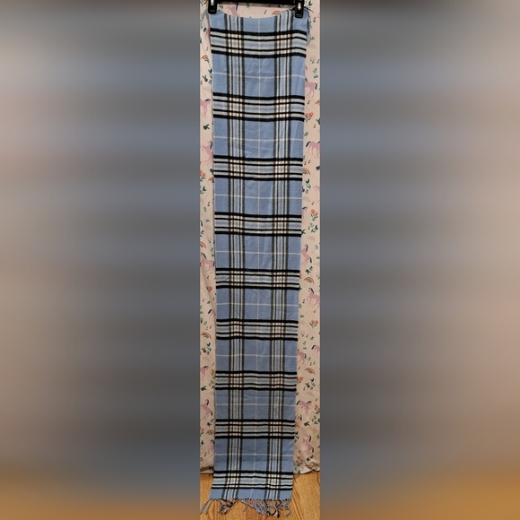 Vintage Baby Blue Plaid Cashmere Casual Neutral Unisex Scarf Wrap w/ Fringe - Picture 5 of 7